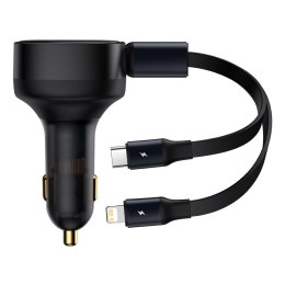 ŁADOWARKA SAMOCHODOWA 2W1 USB-C + IPHONE LIGHTNING ZWIJANY PRZEWÓD 75CM 30W - CZARNY