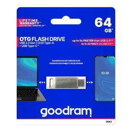 PENDRIVE 64GB DWA ZŁĄCZA USB 3.2 + USB-C OTG ODA3 SREBRNY