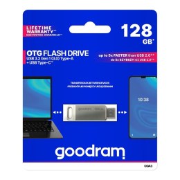 PENDRIVE 128GB DWA ZŁĄCZA USB 3.2 + USB-C OTG ODA3 SREBRNY