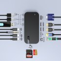 HUB ADAPTER M52 USB-C USB-A HDMI VGA DP SD TF RJ45 AUX PD SZARY