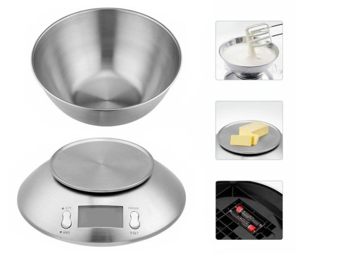Waga kuchenna elektroniczna cyfrowa z misą miska 5kg lcd srebrna metalowa Waga kuchenna elektroniczna cyfrowa z misą miska 5kg lcd srebrna metalowa