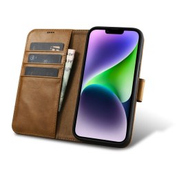 2W1 ETUI SKÓRZANY POKROWIEC Z KLAPKĄ IPHONE 14 PLUS ANTI-RFID OIL WAX WALLET CASE JASNO-BRĄZOWY