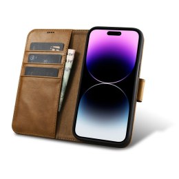 2W1 ETUI SKÓRZANY POKROWIEC Z KLAPKĄ IPHONE 14 PRO ANTI-RFID OIL WAX WALLET CASE JASNO-BRĄZOWY