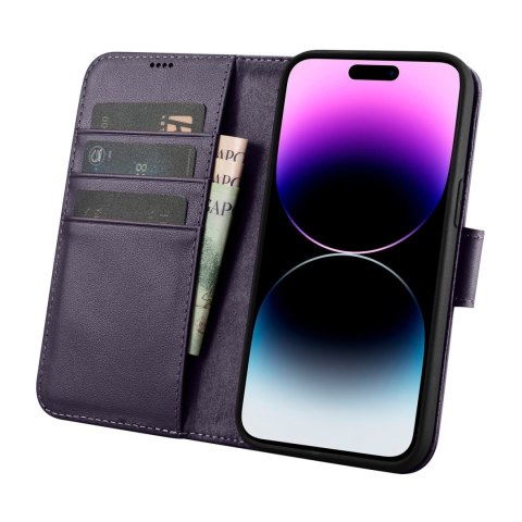 2W1 ETUI SKÓRZANY POKROWIEC Z KLAPKĄ IPHONE 14 PRO ANTI-RFID WALLET CASE CIEMNOFIOLETOWY