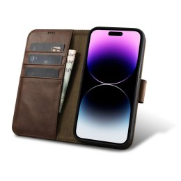 2W1 ETUI SKÓRZANY POKROWIEC Z KLAPKĄ IPHONE 14 PRO MAX ANTI-RFID OIL WAX WALLET CASE CIEMNO-BRĄZOWY