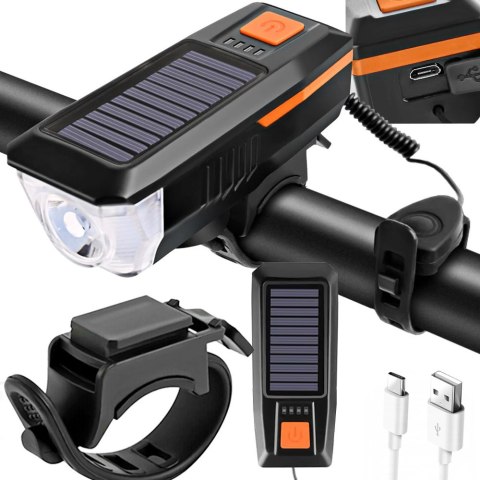 Lampka rowerowa przednia led z klaksonem sygnałem solarna na kierownicę Lampka rowerowa przednia led z klaksonem sygnałem solarna na kierownicę