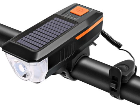 Lampka rowerowa przednia led z klaksonem sygnałem solarna na kierownicę Lampka rowerowa przednia led z klaksonem sygnałem solarna na kierownicę