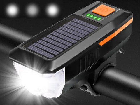 Lampka rowerowa przednia led z klaksonem sygnałem solarna na kierownicę Lampka rowerowa przednia led z klaksonem sygnałem solarna na kierownicę