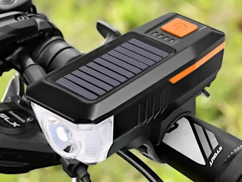 Lampka rowerowa przednia led z klaksonem sygnałem solarna na kierownicę Lampka rowerowa przednia led z klaksonem sygnałem solarna na kierownicę