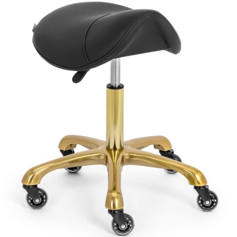 Taboret stołek kosmetyczny siodłowy na kółkach do 150 kg YORK - czarno złoty Taboret stołek kosmetyczny siodłowy na kółkach do 150 kg YORK - czarno złoty