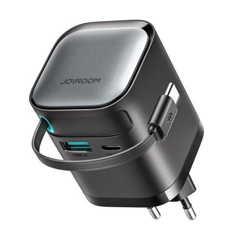 Ładowarka sieciowa GaN 65W USB-A USB-C z wbudowanym kablem USB-C - czarna Ładowarka sieciowa GaN 65W USB-A USB-C z wbudowanym kablem USB-C - czarna
