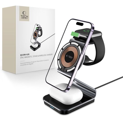 Ładowarka indukcyjna 3w1 z MagSafe na smartfon Apple Watch AirPods - czarna Ładowarka indukcyjna 3w1 z MagSafe na smartfon Apple Watch AirPods - czarna