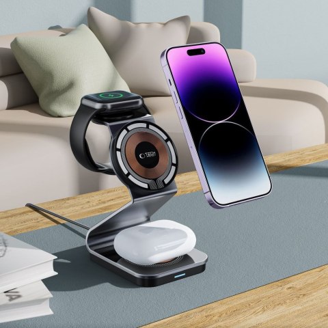 Ładowarka indukcyjna 3w1 z MagSafe na smartfon Apple Watch AirPods - czarna Ładowarka indukcyjna 3w1 z MagSafe na smartfon Apple Watch AirPods - czarna