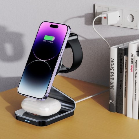 Ładowarka indukcyjna 3w1 z MagSafe na smartfon Apple Watch AirPods - czarna Ładowarka indukcyjna 3w1 z MagSafe na smartfon Apple Watch AirPods - czarna