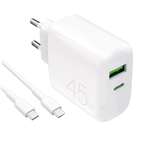 Ładowarka sieciowa USB-C USB-A PD z kablem USB-C 45W - biała Ładowarka sieciowa USB-C USB-A PD z kablem USB-C 45W - biała
