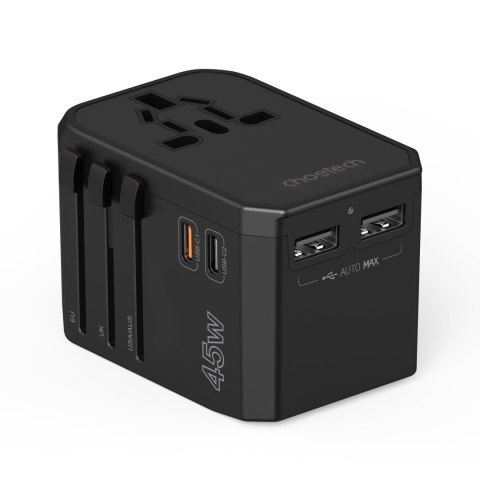 UNIWERSALNA ŁADOWARKA PODRÓŻNA 2X USB-C 2X USB-A PD 45W WTYCZKI USA EU UK AU CZARNA