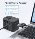 UNIWERSALNA ŁADOWARKA PODRÓŻNA USB-C 2X USB-A PD 30W WTYCZKI USA EU UK AU CZARNA