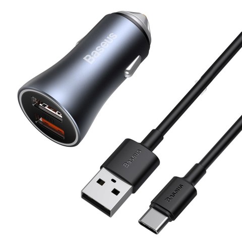 Szybka ładowarka samochodowa 2x USB 40W QC SCP FCP AFC + kabel USB-C szary