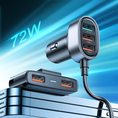 Szybka ładowarka samochodowa dla 5x USB-A z przedłużaczem 45W czarna Szybka ładowarka samochodowa dla 5x USB-A z przedłużaczem 45W czarna