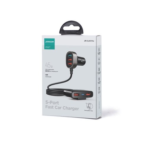 Szybka ładowarka samochodowa dla 5x USB-A z przedłużaczem 45W czarna Szybka ładowarka samochodowa dla 5x USB-A z przedłużaczem 45W czarna