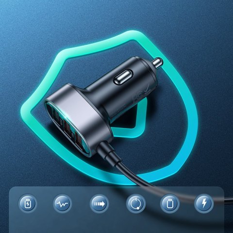 Szybka ładowarka samochodowa dla 5x USB-A z przedłużaczem 45W czarna Szybka ładowarka samochodowa dla 5x USB-A z przedłużaczem 45W czarna