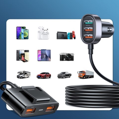 Szybka ładowarka samochodowa dla 5x USB-A z przedłużaczem 45W czarna Szybka ładowarka samochodowa dla 5x USB-A z przedłużaczem 45W czarna
