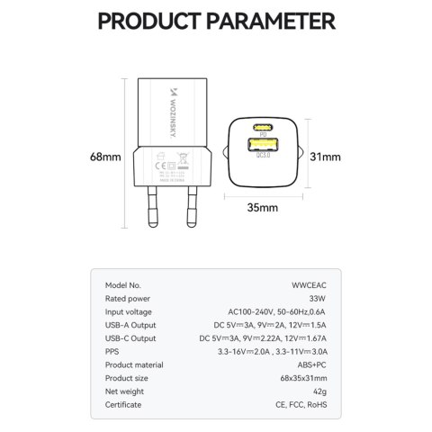 Ładowarka sieciowa GaN QC3.0 USB-A USB-C PD 33W biała Ładowarka sieciowa GaN QC3.0 USB-A USB-C PD 33W biała