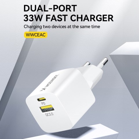 Ładowarka sieciowa GaN QC3.0 USB-A USB-C PD 33W biała Ładowarka sieciowa GaN QC3.0 USB-A USB-C PD 33W biała
