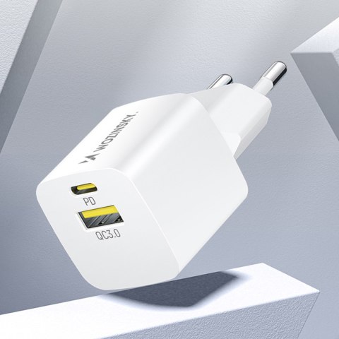 Ładowarka sieciowa GaN QC3.0 USB-A USB-C PD 33W biała Ładowarka sieciowa GaN QC3.0 USB-A USB-C PD 33W biała