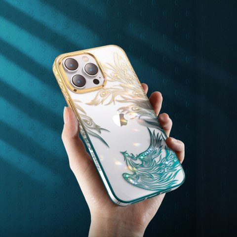 Luksusowe etui iPhone 14 Plus z kryształami Phoenix Series złoto-niebieskie Luksusowe etui iPhone 14 Plus z kryształami Phoenix Series złoto-niebieskie