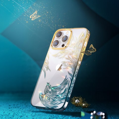 Luksusowe etui iPhone 14 Plus z kryształami Phoenix Series złoto-niebieskie Luksusowe etui iPhone 14 Plus z kryształami Phoenix Series złoto-niebieskie