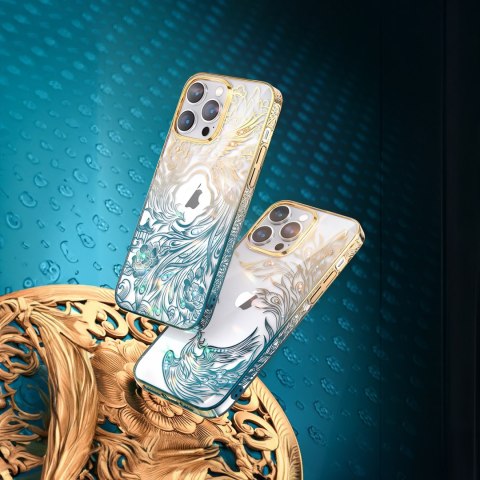Luksusowe etui iPhone 14 Plus z kryształami Phoenix Series złoto-niebieskie Luksusowe etui iPhone 14 Plus z kryształami Phoenix Series złoto-niebieskie