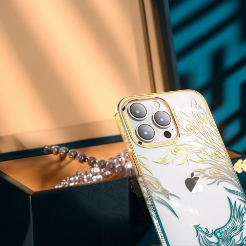 Luksusowe etui iPhone 14 Plus z kryształami Phoenix Series złoto-niebieskie Luksusowe etui iPhone 14 Plus z kryształami Phoenix Series złoto-niebieskie