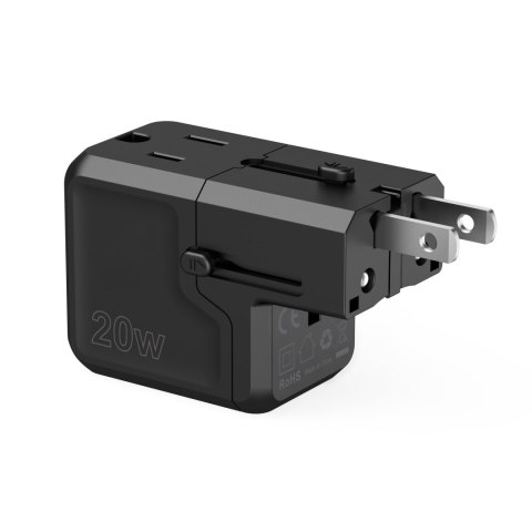 Uniwersalna ładowarka podróżna USB-C USB-A PD 20W wtyczki USA EU UK AU czarna Uniwersalna ładowarka podróżna USB-C USB-A PD 20W wtyczki USA EU UK AU czarna