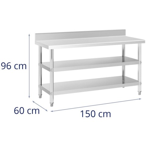 Stół blat roboczy stalowy nierdzewny przyścienny z rantem 2 półki 150x60cm Stół blat roboczy stalowy nierdzewny przyścienny z rantem 2 półki 150x60cm
