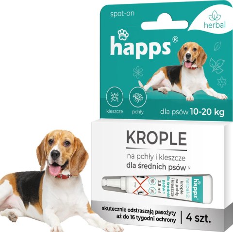 HAPPS Herbal - krople na pchły i kleszcze dla średnich psów 10 - 20kg 4szt. HAPPS Herbal - krople na pchły i kleszcze dla średnich psów 10 - 20kg 4szt.