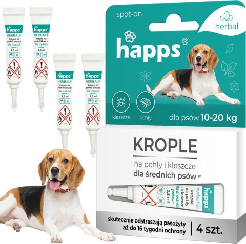HAPPS Herbal - krople na pchły i kleszcze dla średnich psów 10 - 20kg 4szt. HAPPS Herbal - krople na pchły i kleszcze dla średnich psów 10 - 20kg 4szt.