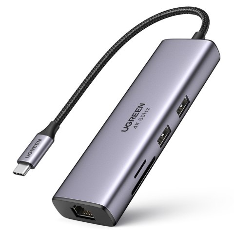 7w1 wielofunkcyjny HUB USB-C - 2x USB HDMI 4K czytnik kart SD i TF USB-C RJ45 1Gbps szary