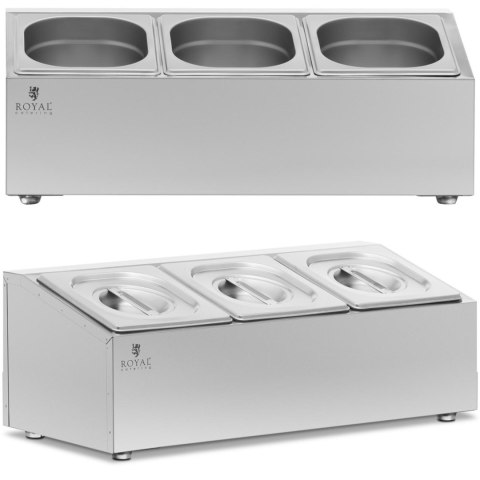 Ekspozytor stojak na pojemniki gastronomiczne 3 x GN 1/6 5.7 l + pojemniki z pokrywkami Ekspozytor stojak na pojemniki gastronomiczne 3 x GN 1/6 5.7 l + pojemniki z pokrywkami