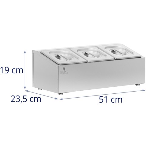 Ekspozytor stojak na pojemniki gastronomiczne 3 x GN 1/6 5.7 l + pojemniki z pokrywkami Ekspozytor stojak na pojemniki gastronomiczne 3 x GN 1/6 5.7 l + pojemniki z pokrywkami
