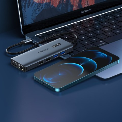 Adapter HUB wielofunkcyjny z wyświetlaczem USB-C USB-A VGA AUX SD TF 12w1 szary