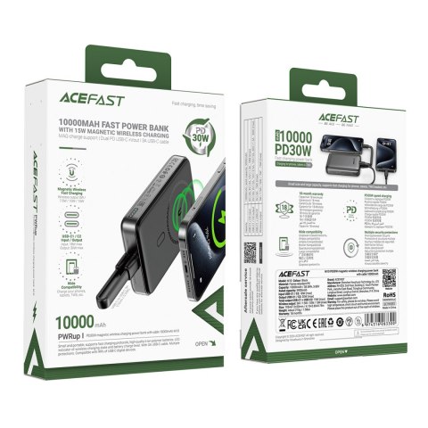 Powerbank magnetyczny 10000mAh indukcyjny 2x USB-C PD 30W + kabel USB-C - czarny