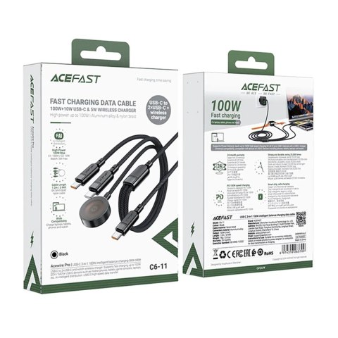 3w1 Kabel przewód USB-C - 2x USB-C / ładowarka Apple Watch Qi 480Mb/s 100W 1.2m - czarny