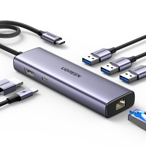 6w1 HUB adapter USB-C - 3x USB-A 3.0 / HDMI / RJ45 / USB-C PD - szary
