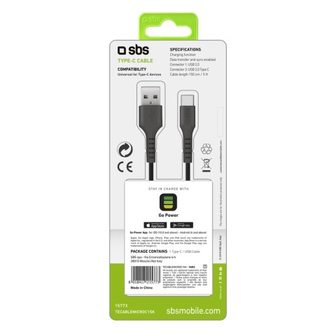 Kabel przewód USB-A - USB-C 1.5m - czarny