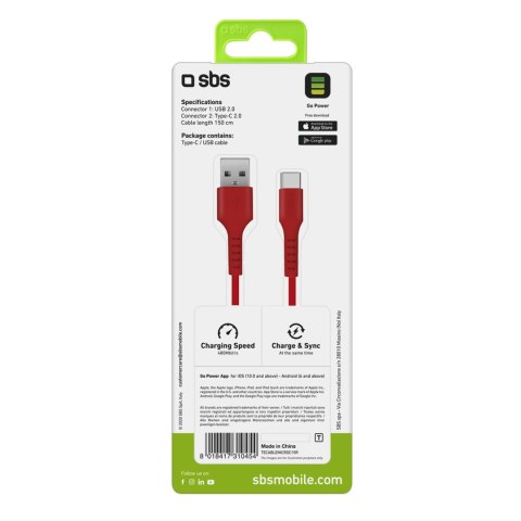 Kabel przewód USB-A - USB-C 1.5m - czerwony