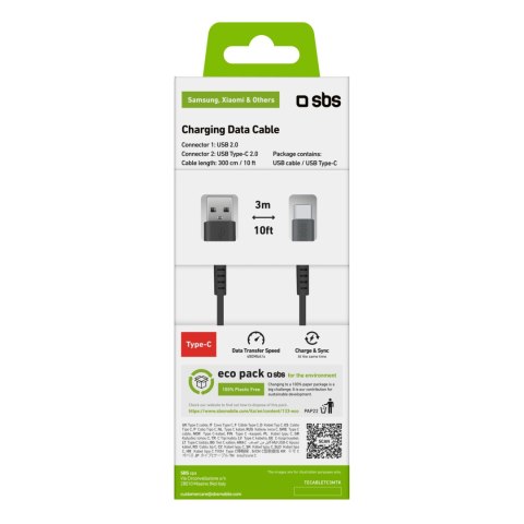 Kabel przewód USB-A - USB-C 3m - czarny