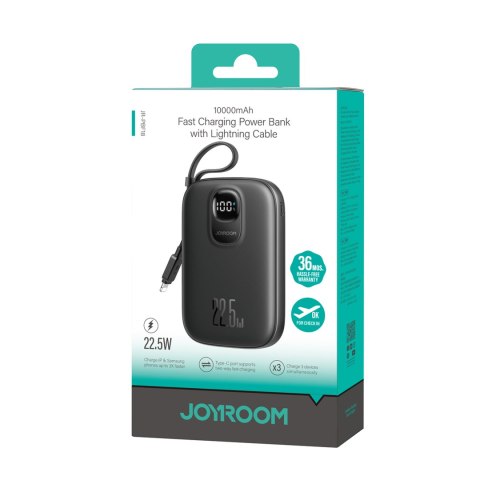 Powerbank 10000mAh z wbudowanym kablem 22.5 iPhone Lightning USB-C 0.25 cm - czarny
