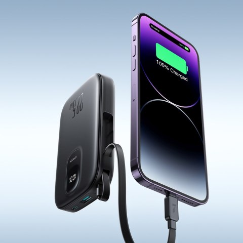 Powerbank 10000mAh z wbudowanym kablem 22.5 iPhone Lightning USB-C 0.25 cm - czarny