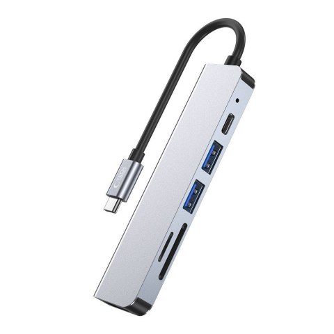6w1 HUB rozdzielacz USB-C na USB-A USB-C HDMI micro SD / TF / SD - szary